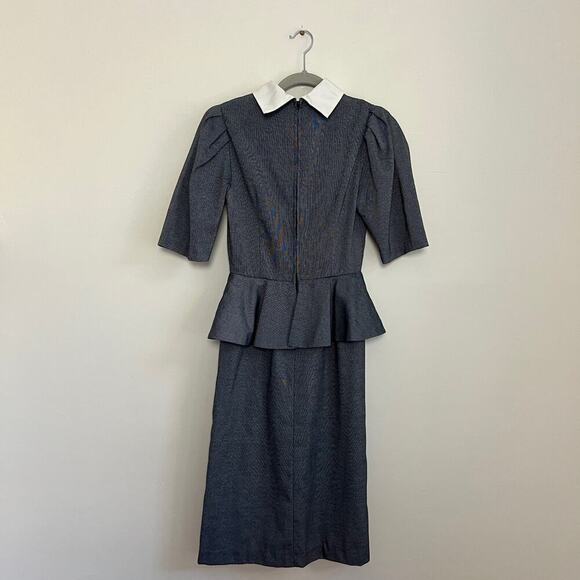 Vintage ACT 1 New York Peplum Pencil Midi Dress Puff Sleeves Collared with Tie 2 - Picture 9 of 16